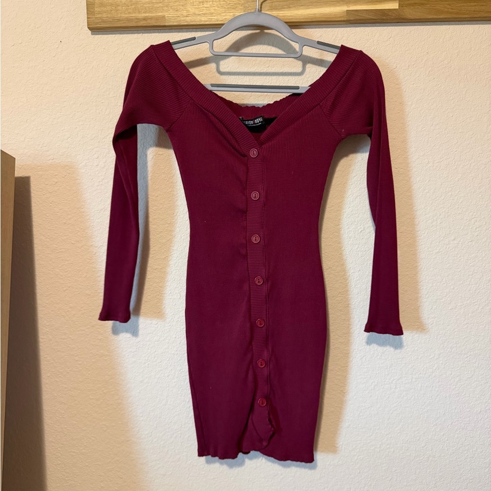 Fashion Nova Burgundy Ribbed Off-Shoulder Button-Front Long Sleeve Dress